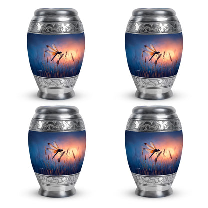 Bright Blue Dragonfly Cremation Urn urn with complimentary velvet bag - majestic dragonfly pattern with filigree border - 10 inch aluminum urn for cremated remains