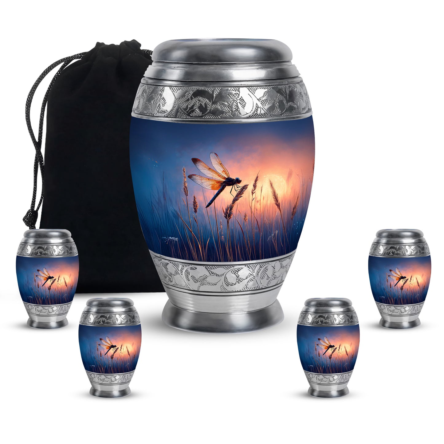 Icy Blue Dragonfly Cremation Urn detail view - ornate monarch-style dragonfly relief on brushed aluminum - memorial set with one large and four small urns