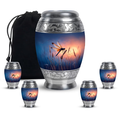 Icy Blue Dragonfly Cremation Urn detail view - ornate monarch-style dragonfly relief on brushed aluminum - memorial set with one large and four small urns