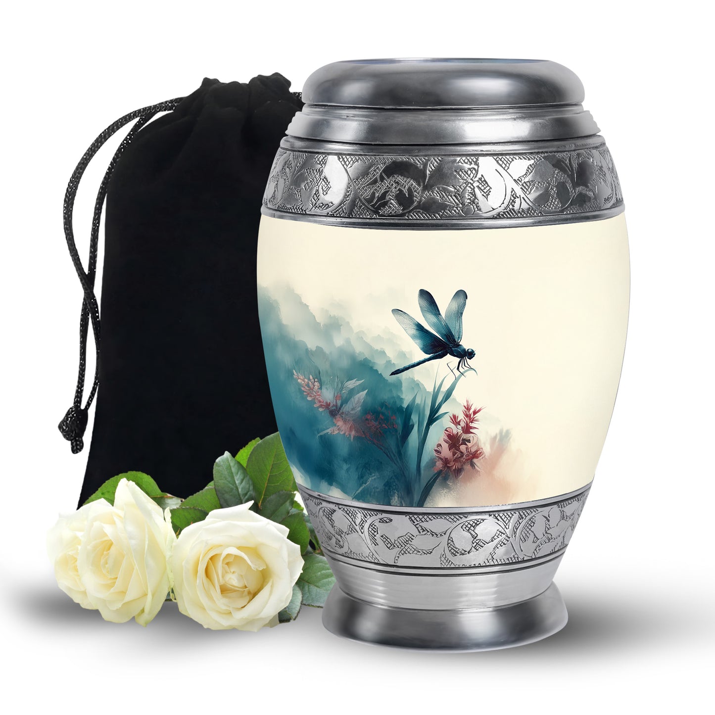 Frost White Dragonfly Cremation Urn back view with polished surface - regal dragonfly design with crown-inspired accents - full-size 10 inch 200 cubic inch adult cremation urn