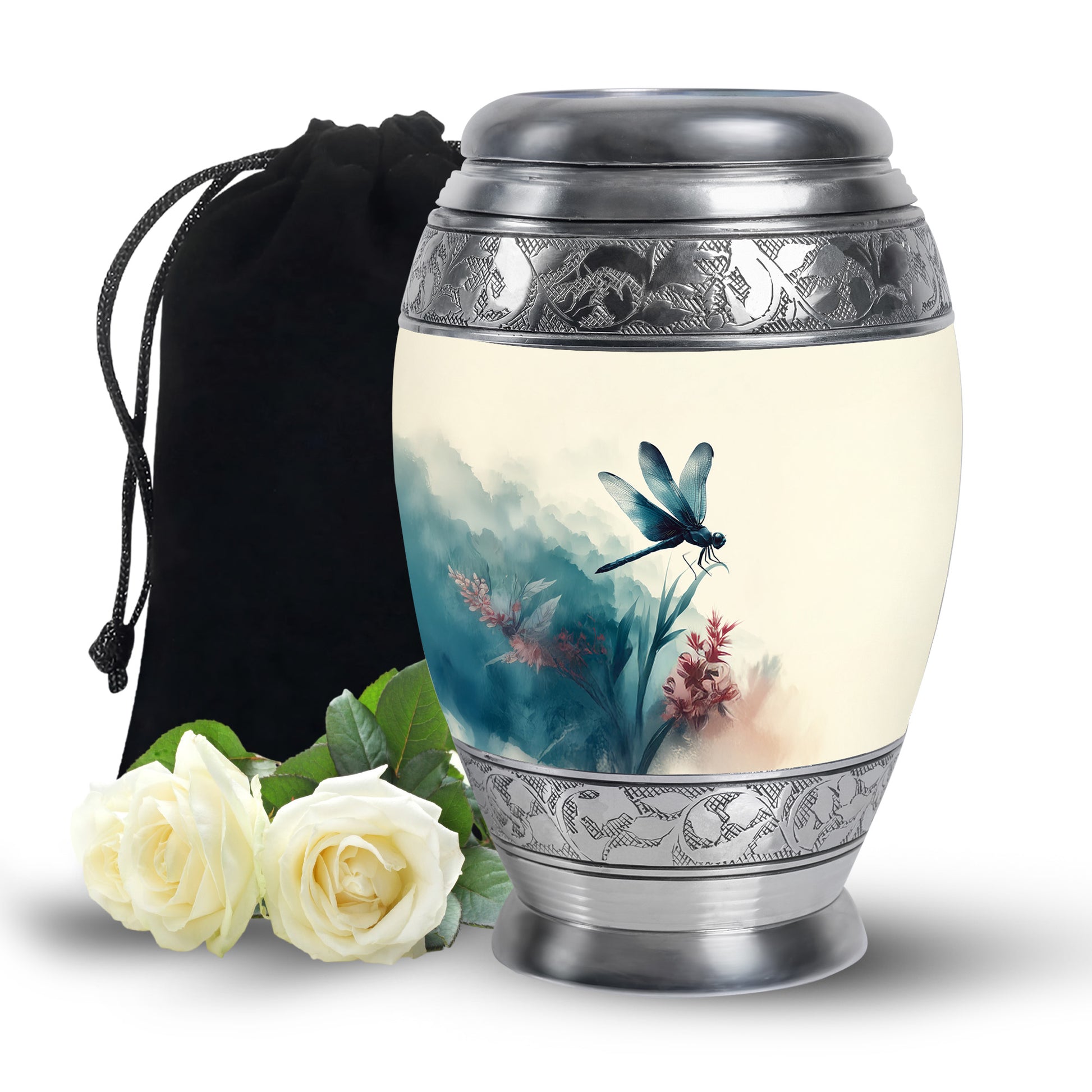 Frost White Dragonfly Cremation Urn back view with polished surface - regal dragonfly design with crown-inspired accents - full-size 10 inch 200 cubic inch adult cremation urn