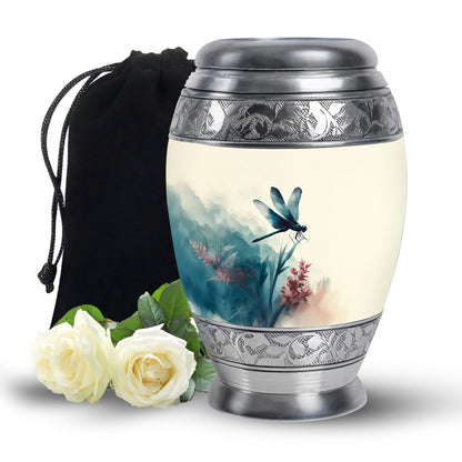 Frost White Dragonfly Cremation Urn back view with polished surface - regal dragonfly design with crown-inspired accents - full-size 10 inch 200 cubic inch adult cremation urn