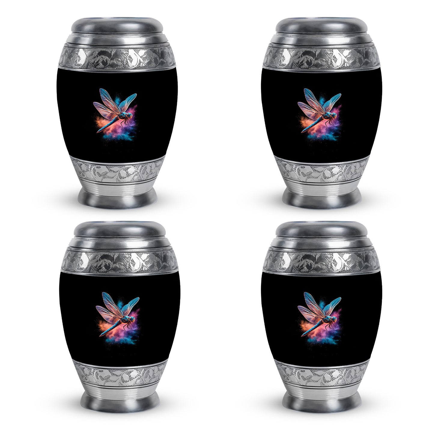 Deep Black Dragonfly Cremation Urn urn with complimentary velvet bag - ornate monarch-style dragonfly relief on brushed aluminum - 10 inch aluminum urn for cremated remains