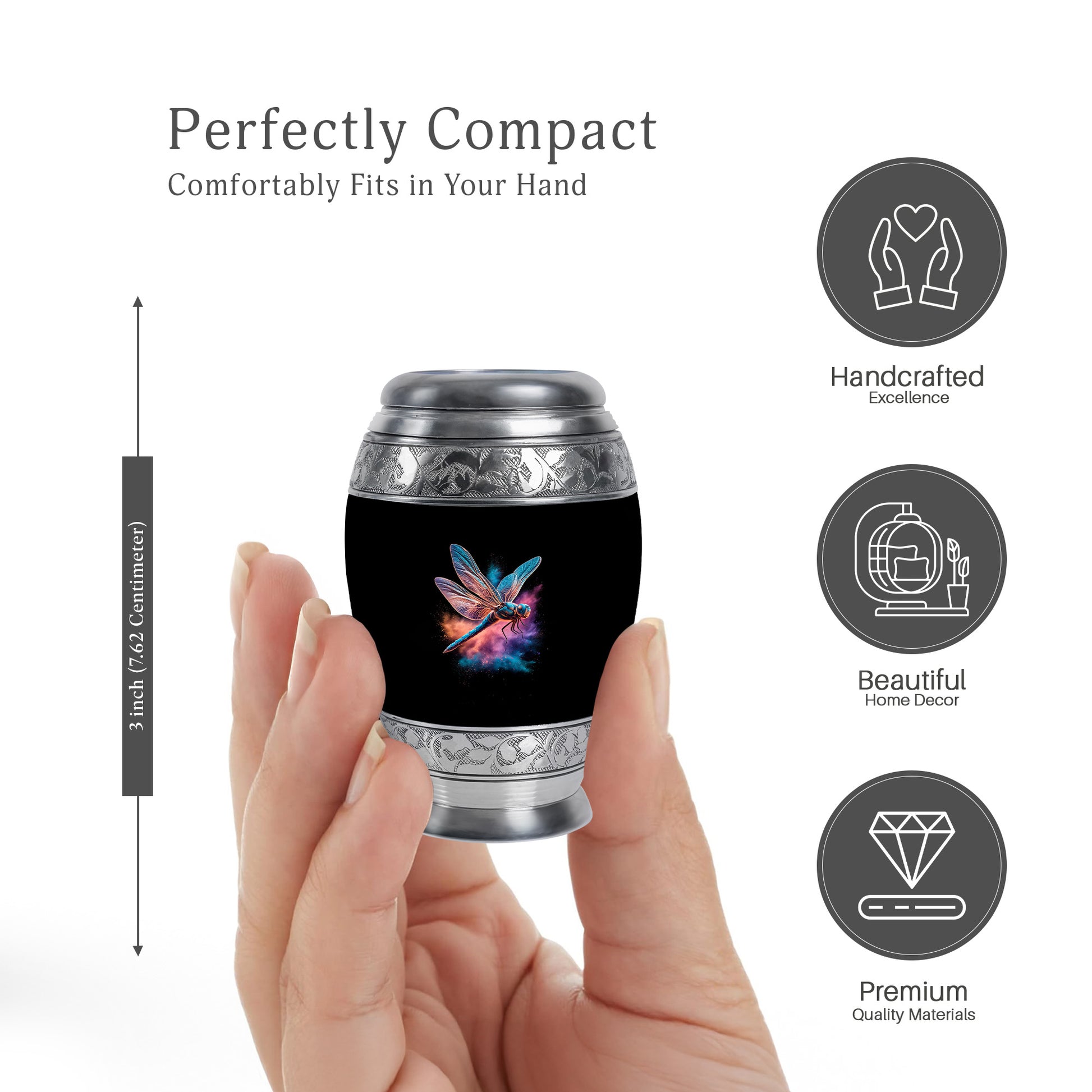 Deep Black Dragonfly Cremation Urn lifestyle display on memorial shelf - ornate monarch-style dragonfly relief on brushed aluminum - mini keepsake memorial for portion of cremation ashes