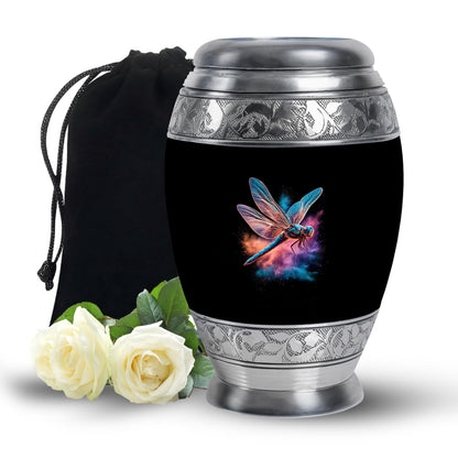 Charcoal Black Dragonfly Cremation Urn back view with polished surface - majestic dragonfly pattern with filigree border - full-size 10 inch 200 cubic inch adult cremation urn