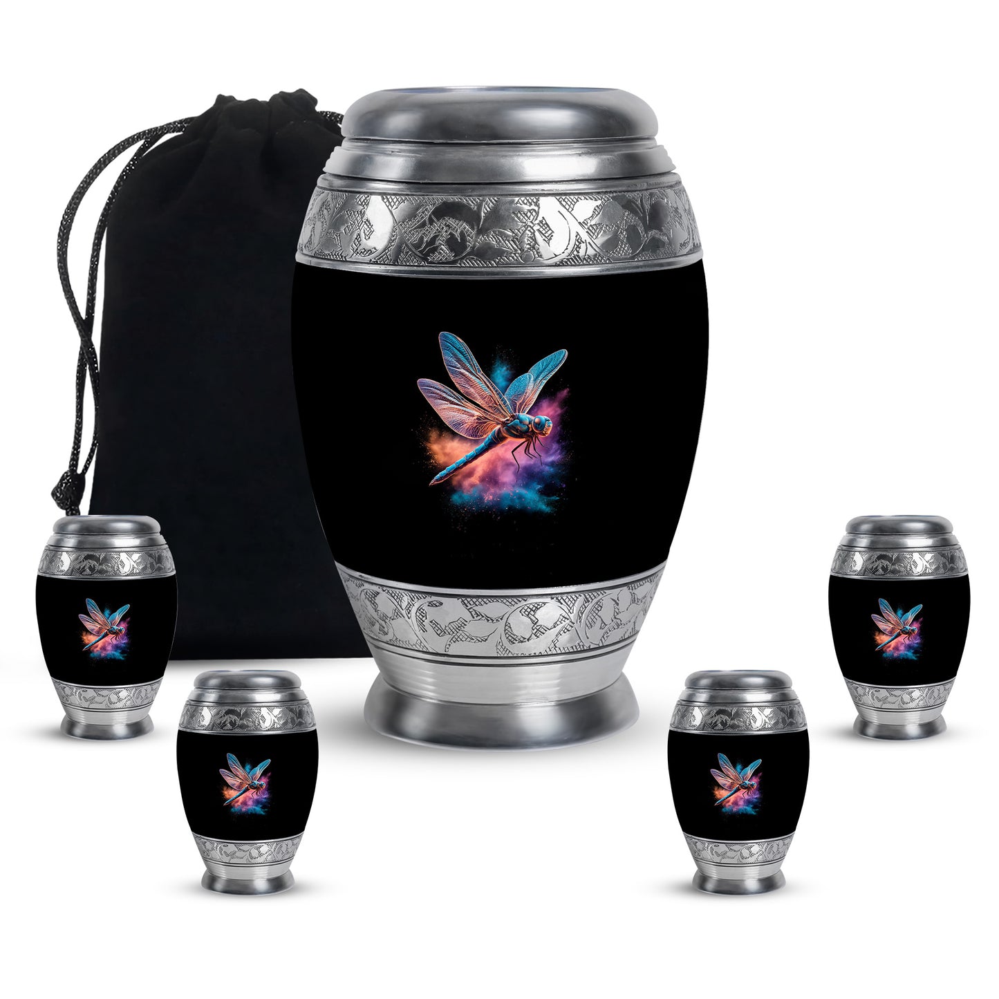 Deep Black Dragonfly Cremation Urn detail view - ornate monarch-style dragonfly relief on brushed aluminum - memorial set with one large and four small urns