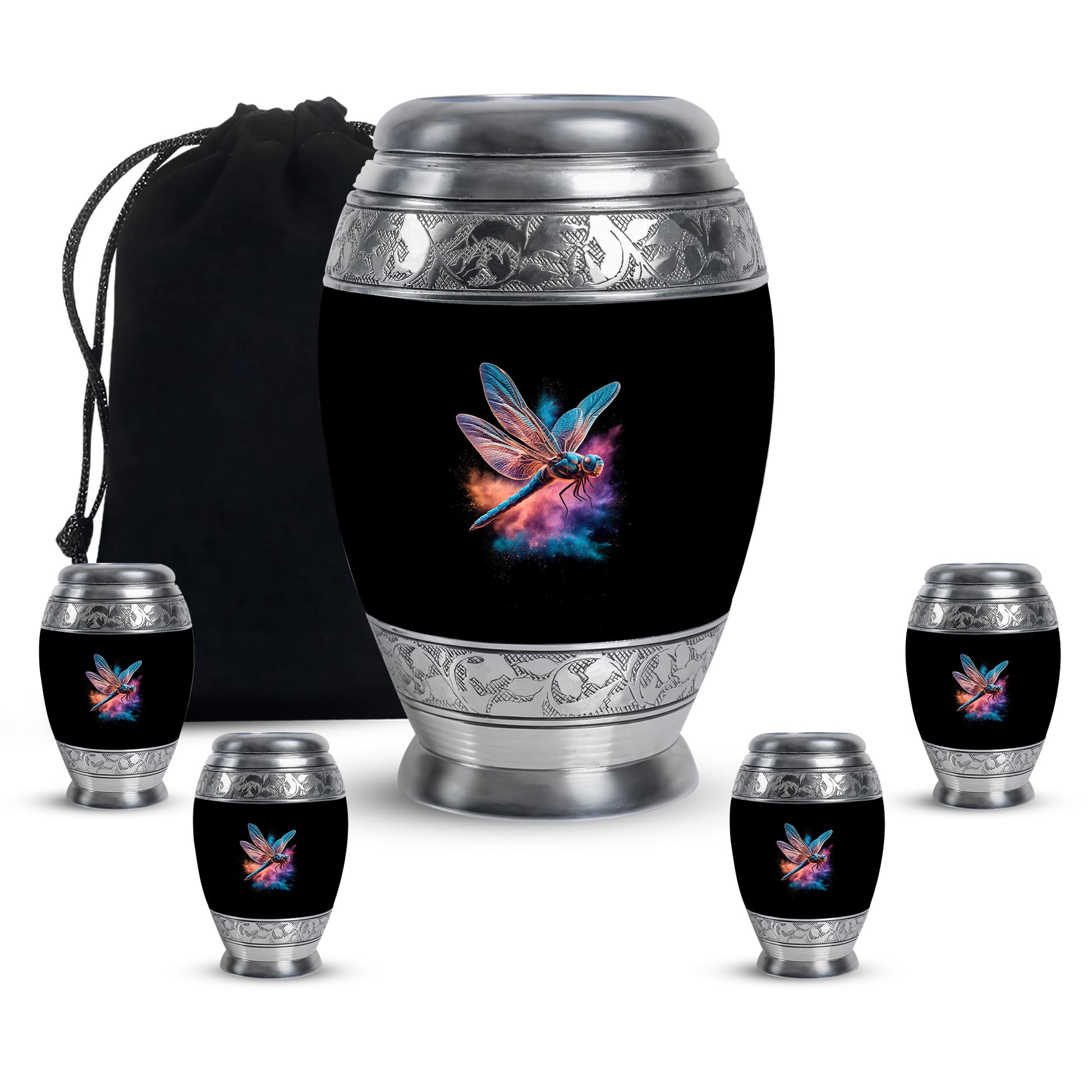 Deep Black Dragonfly Cremation Urn detail view - ornate monarch-style dragonfly relief on brushed aluminum - memorial set with one large and four small urns