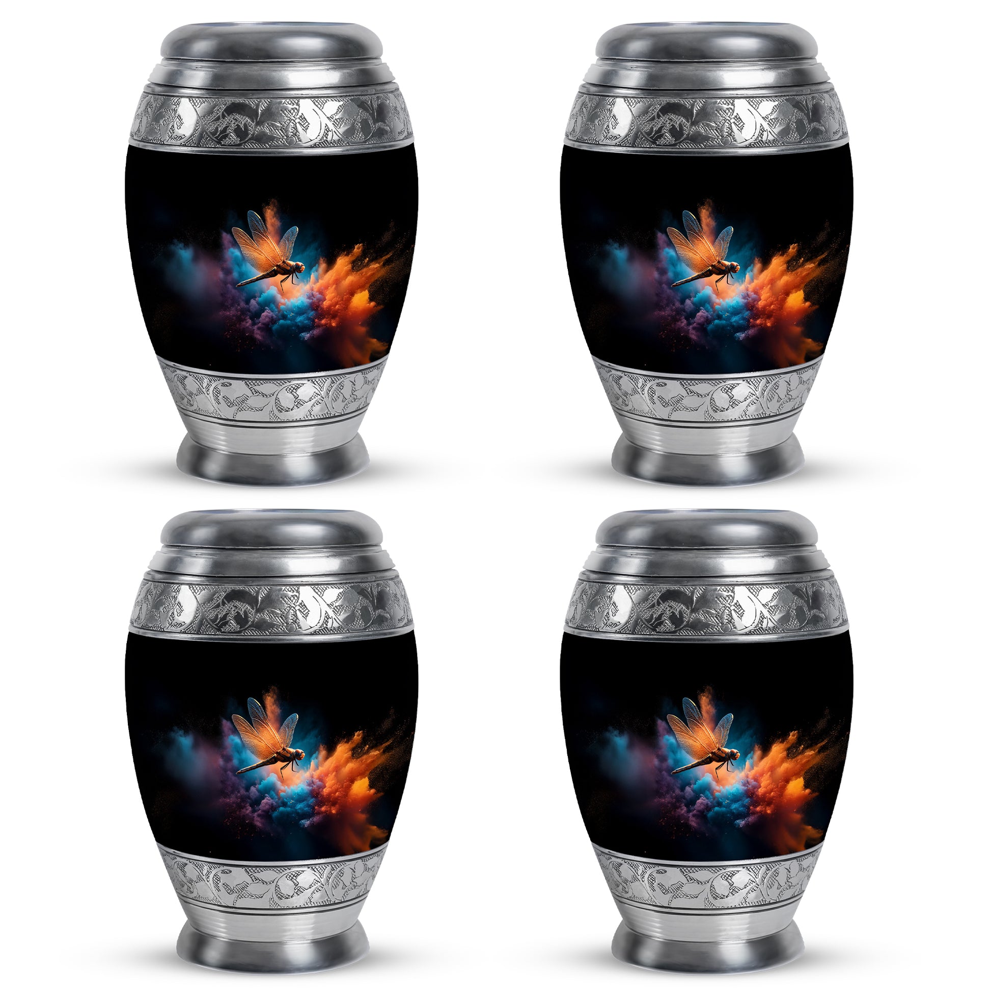 Charcoal Black Dragonfly Cremation Urn urn with complimentary velvet bag - royal dragonfly engraving with decorative scrollwork - 10 inch aluminum urn for cremated remains