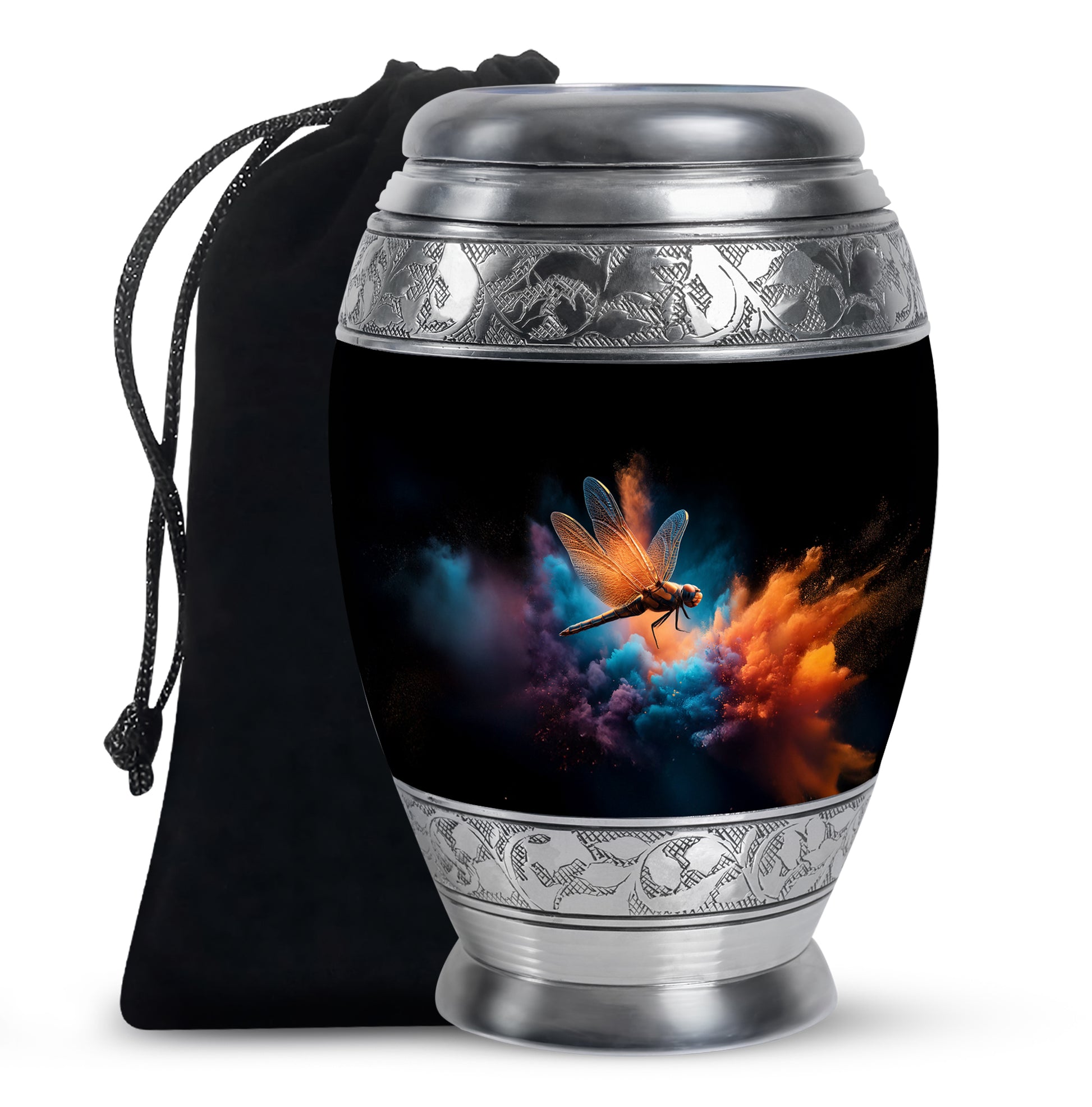 Ebony Dragonfly Cremation Urn back view with polished surface - ornate monarch-style dragonfly relief on brushed aluminum - full-size 10 inch 200 cubic inch adult cremation urn