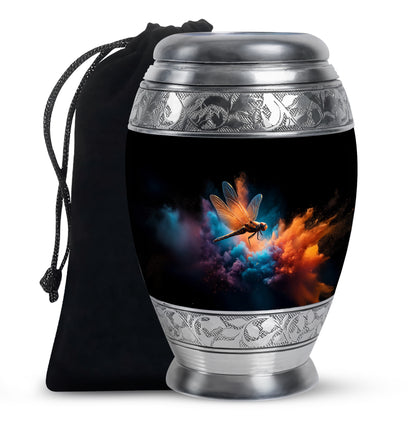 Ebony Dragonfly Cremation Urn back view with polished surface - ornate monarch-style dragonfly relief on brushed aluminum - full-size 10 inch 200 cubic inch adult cremation urn