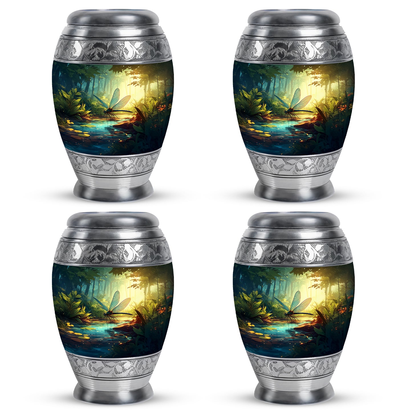 Aqua Teal Dragonfly Cremation Urn urn with complimentary velvet bag - majestic dragonfly pattern with filigree border - 10 inch aluminum urn for cremated remains