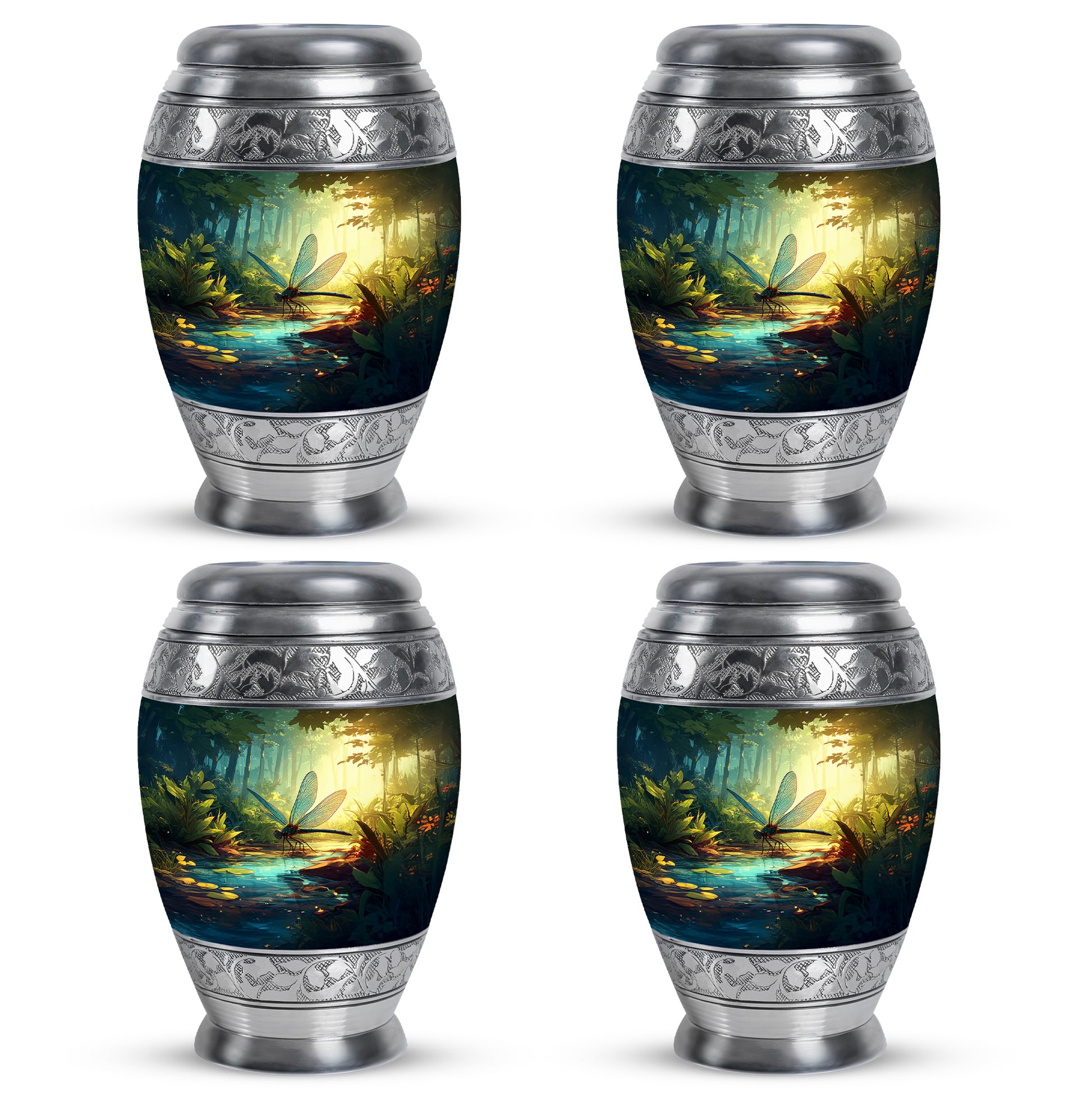 Aqua Teal Dragonfly Cremation Urn urn with complimentary velvet bag - majestic dragonfly pattern with filigree border - 10 inch aluminum urn for cremated remains