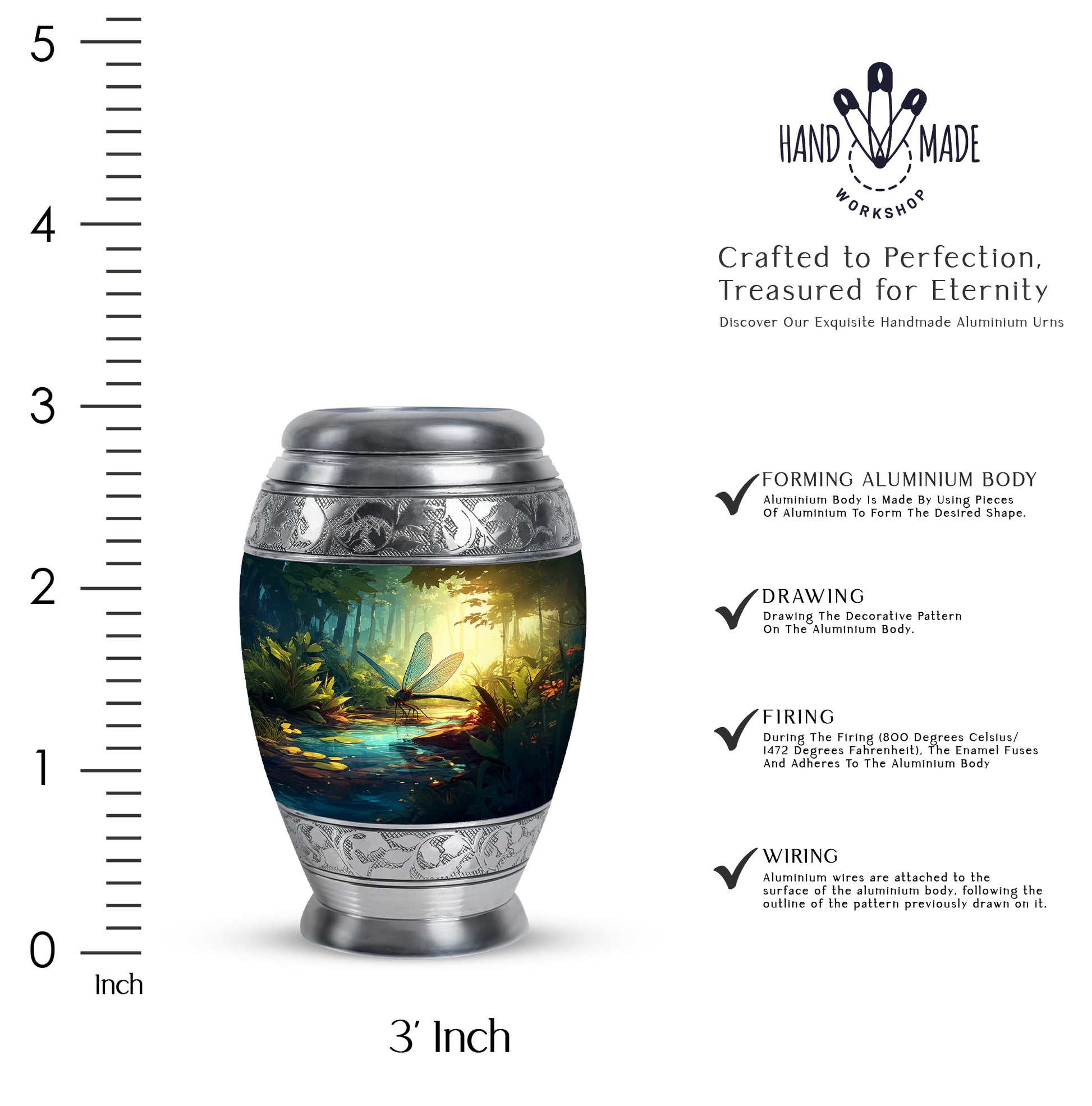 Aqua Teal Dragonfly Cremation Urn lifestyle display on memorial shelf - royal dragonfly engraving with decorative scrollwork - mini keepsake memorial for portion of cremation ashes