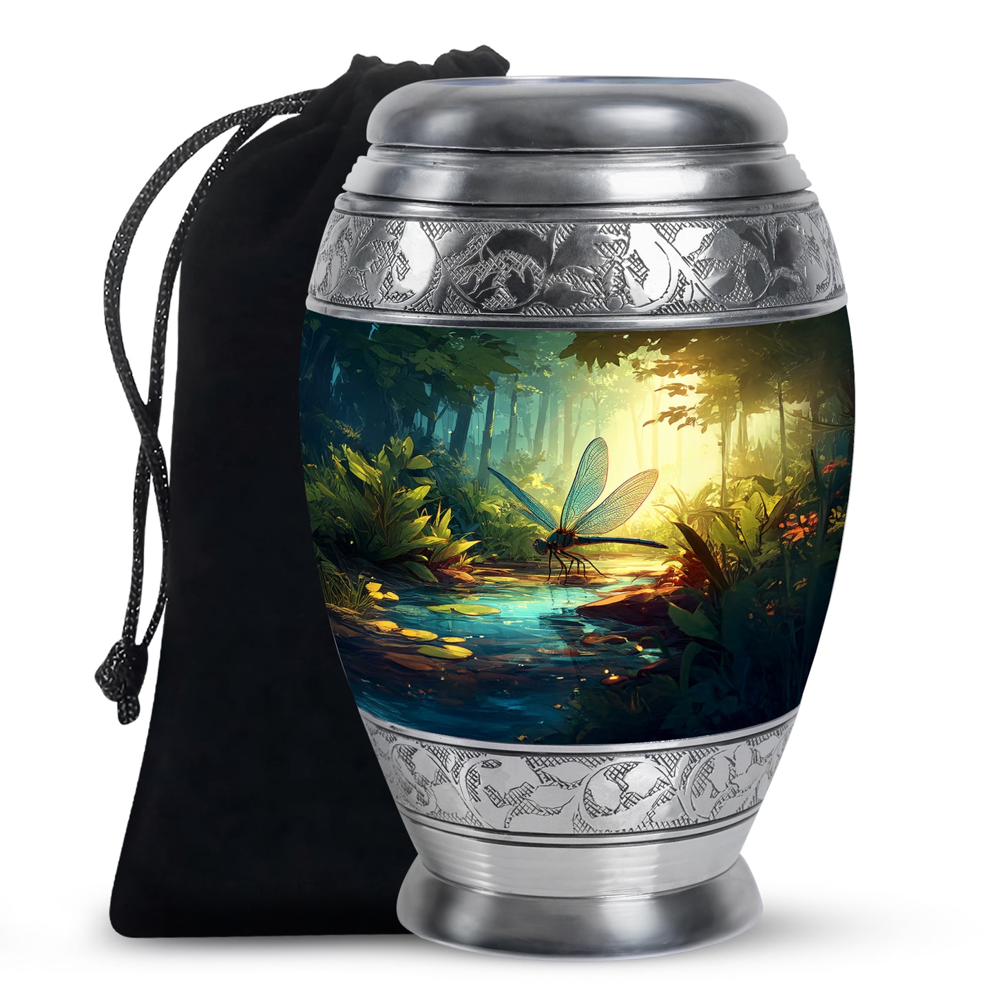 Vivid Teal Dragonfly Cremation Urn back view with polished surface - majestic dragonfly pattern with filigree border - full-size 10 inch 200 cubic inch adult cremation urn