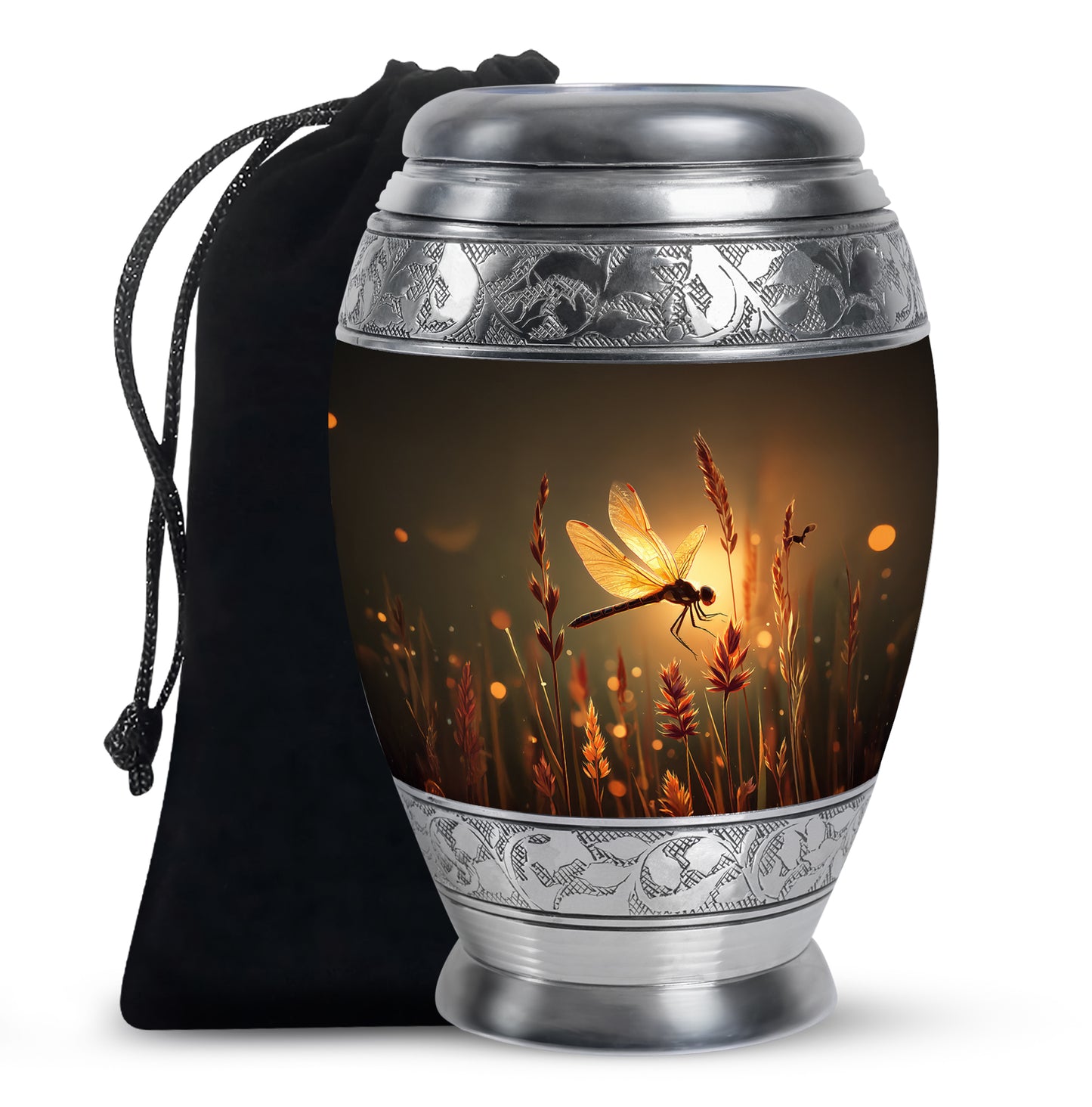 Warm Gold Dragonfly Cremation Urn back view with polished surface - majestic dragonfly pattern with filigree border - full-size 10 inch 200 cubic inch adult cremation urn
