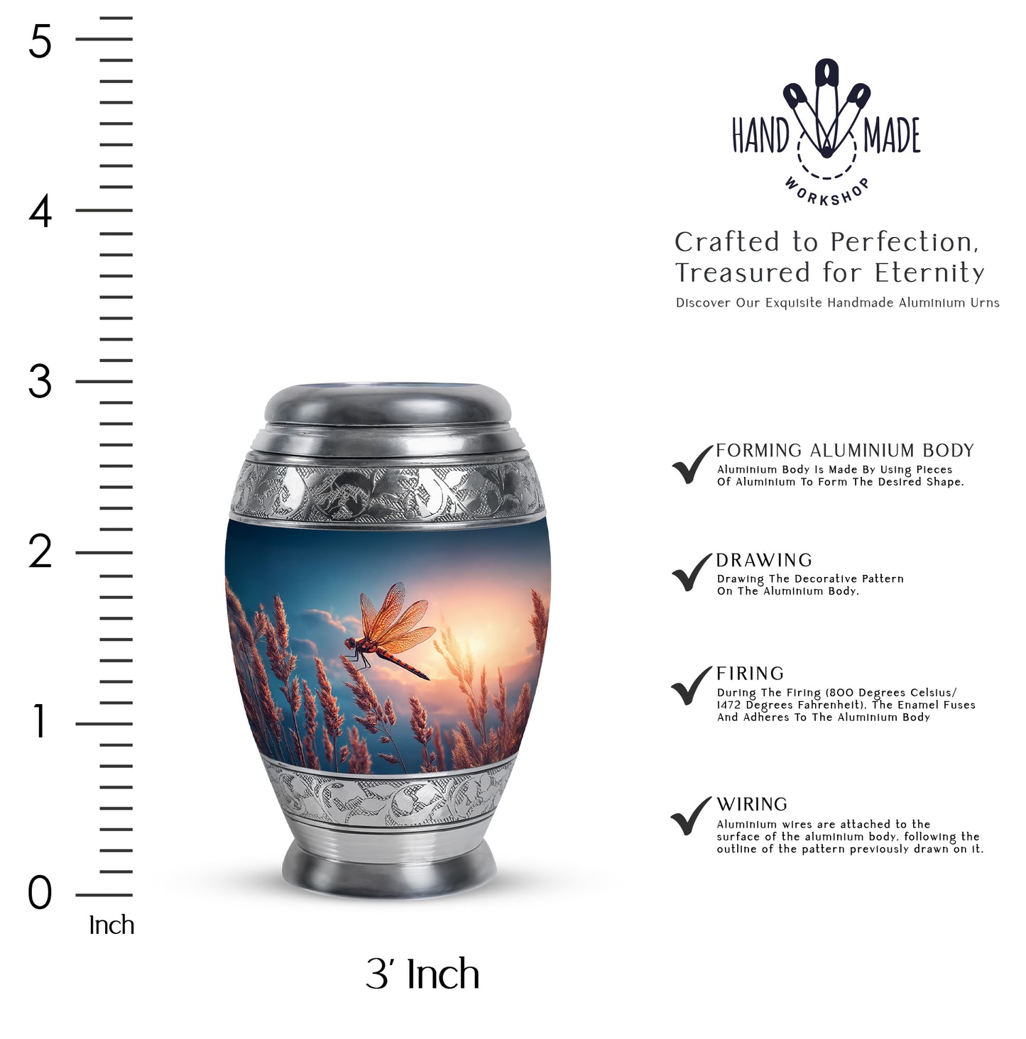 Royal Blue Dragonfly Cremation Urn lifestyle display on memorial shelf - royal dragonfly engraving with decorative scrollwork - mini keepsake memorial for portion of cremation ashes