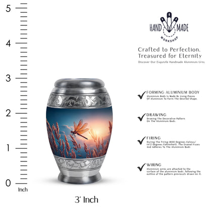 Royal Blue Dragonfly Cremation Urn lifestyle display on memorial shelf - royal dragonfly engraving with decorative scrollwork - mini keepsake memorial for portion of cremation ashes