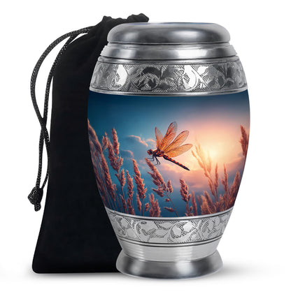 Icy Blue Dragonfly Cremation Urn back view with polished surface - regal dragonfly design with crown-inspired accents - full-size 10 inch 200 cubic inch adult cremation urn