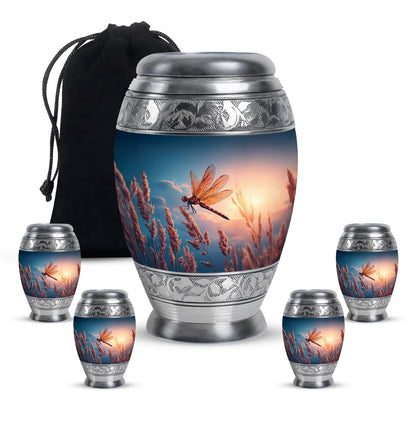 Celestial Blue Dragonfly Cremation Urn detail view - regal dragonfly design with crown-inspired accents - memorial set with one large and four small urns