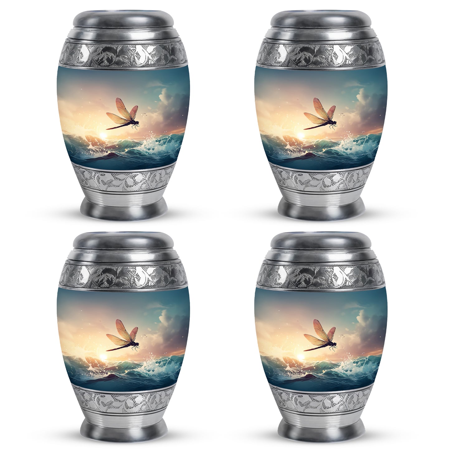 Steel Gray Dragonfly Cremation Urn urn with complimentary velvet bag - royal dragonfly engraving with decorative scrollwork - 10 inch aluminum urn for cremated remains