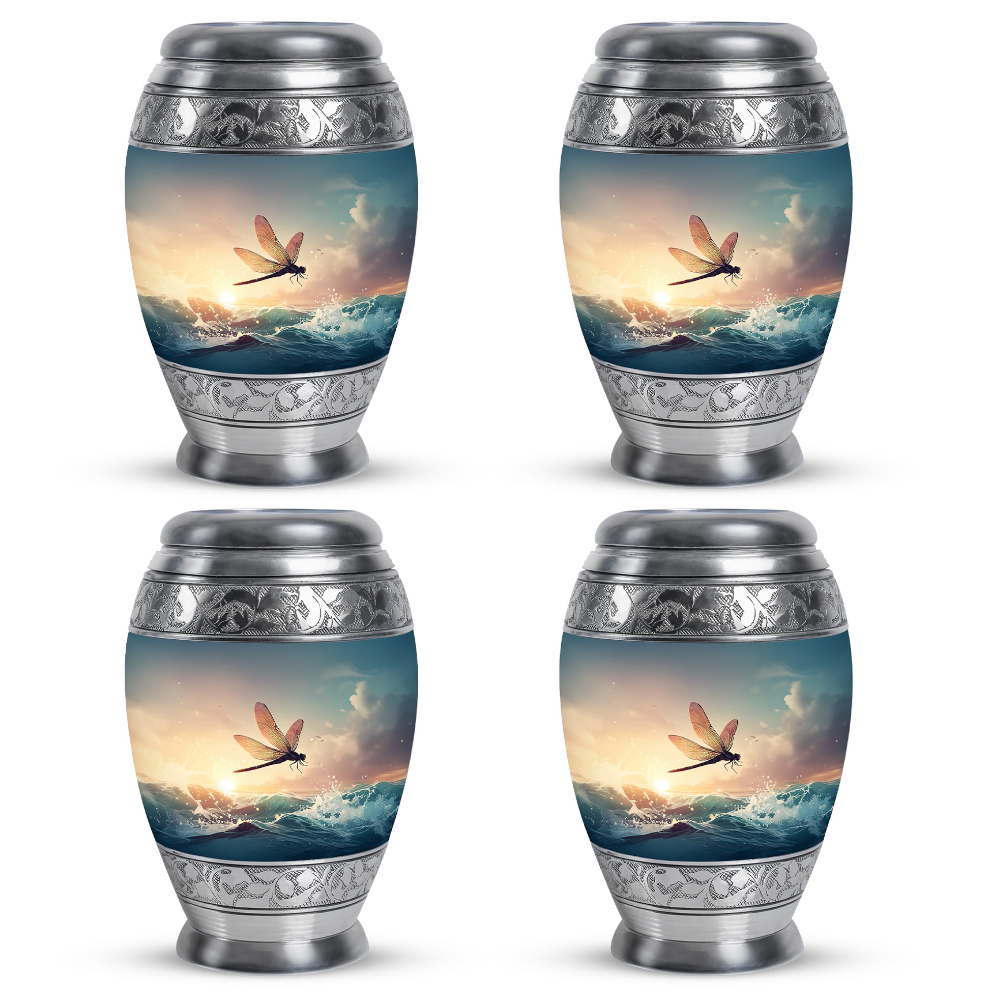 Steel Gray Dragonfly Cremation Urn urn with complimentary velvet bag - royal dragonfly engraving with decorative scrollwork - 10 inch aluminum urn for cremated remains