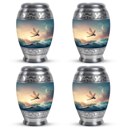 Steel Gray Dragonfly Cremation Urn urn with complimentary velvet bag - royal dragonfly engraving with decorative scrollwork - 10 inch aluminum urn for cremated remains