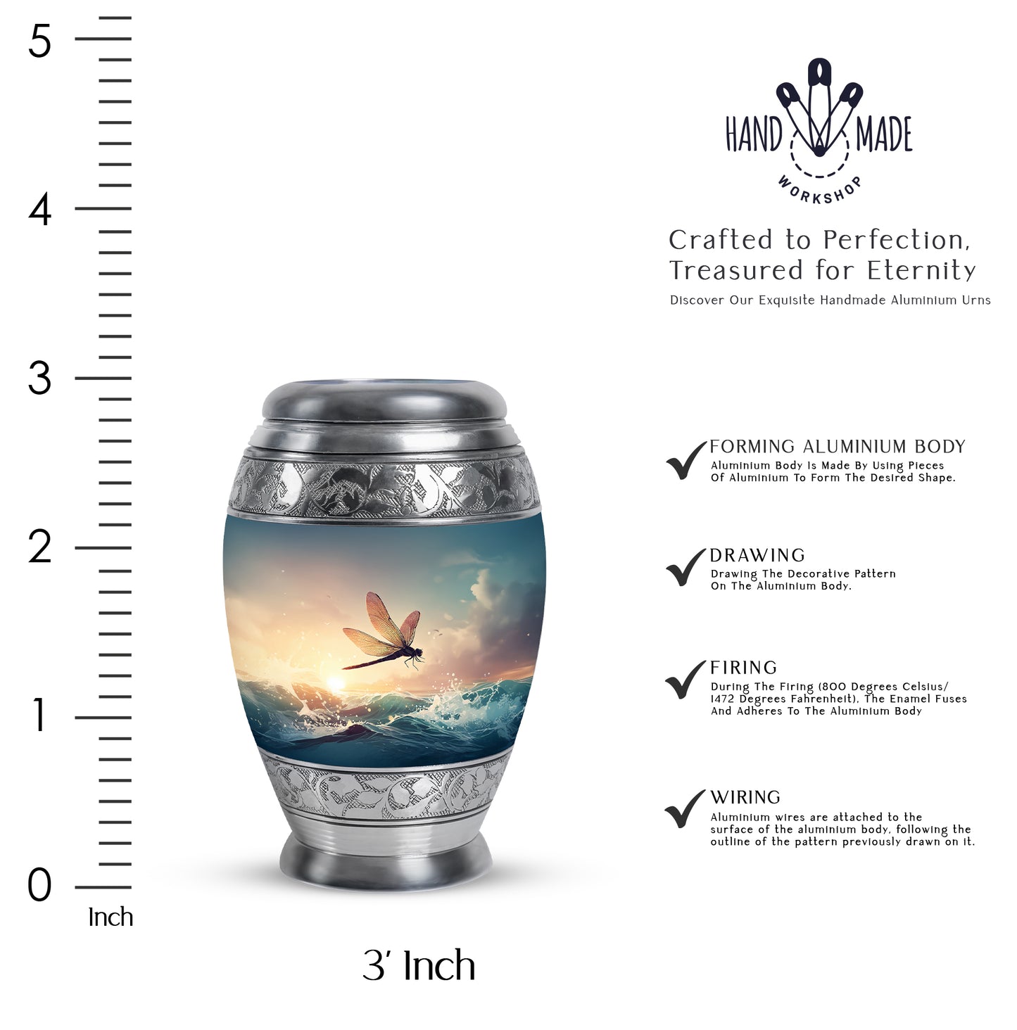 Ash Gray Dragonfly Cremation Urn lifestyle display on memorial shelf - royal dragonfly engraving with decorative scrollwork - mini keepsake memorial for portion of cremation ashes