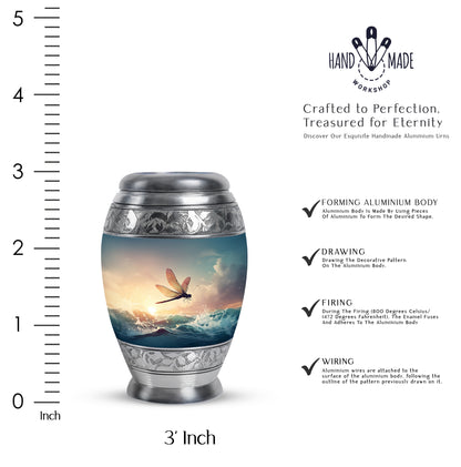 Ash Gray Dragonfly Cremation Urn lifestyle display on memorial shelf - royal dragonfly engraving with decorative scrollwork - mini keepsake memorial for portion of cremation ashes