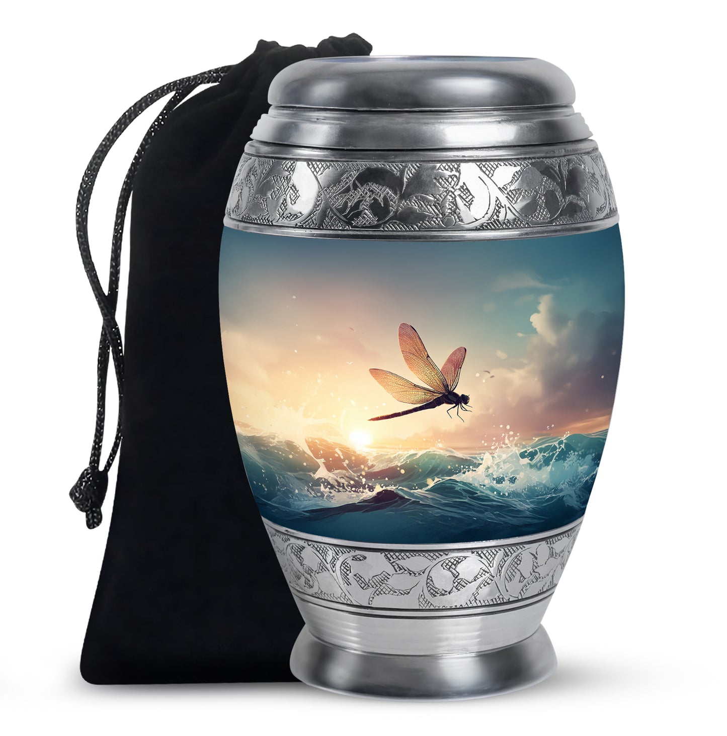 Storm Gray Dragonfly Cremation Urn back view with polished surface - majestic dragonfly pattern with filigree border - full-size 10 inch 200 cubic inch adult cremation urn