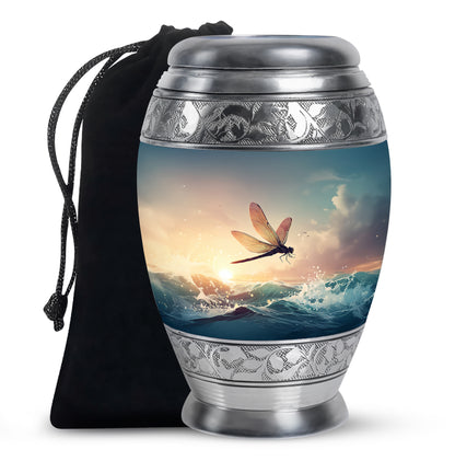 Storm Gray Dragonfly Cremation Urn back view with polished surface - majestic dragonfly pattern with filigree border - full-size 10 inch 200 cubic inch adult cremation urn