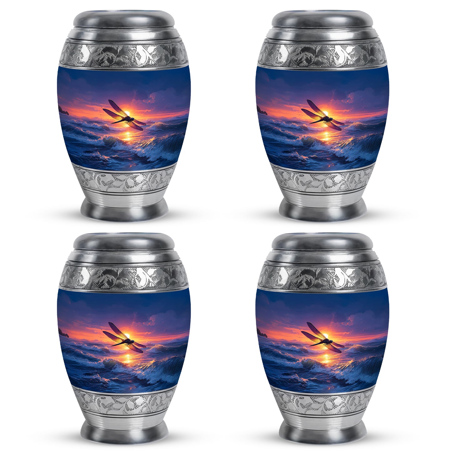 Serene Blue Dragonfly Cremation Urn urn with complimentary velvet bag - royal dragonfly engraving with decorative scrollwork - 10 inch aluminum urn for cremated remains