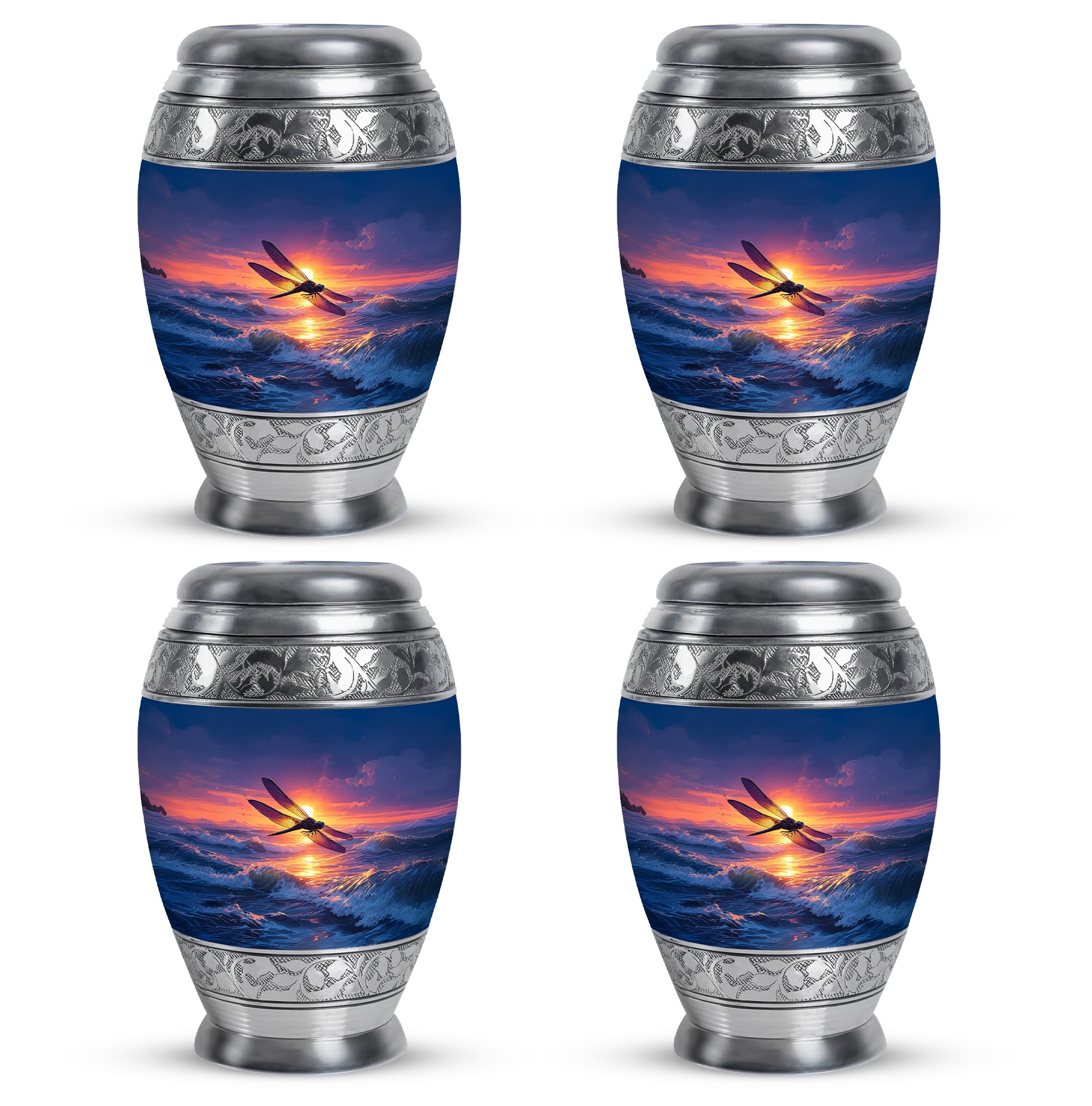 Serene Blue Dragonfly Cremation Urn urn with complimentary velvet bag - royal dragonfly engraving with decorative scrollwork - 10 inch aluminum urn for cremated remains