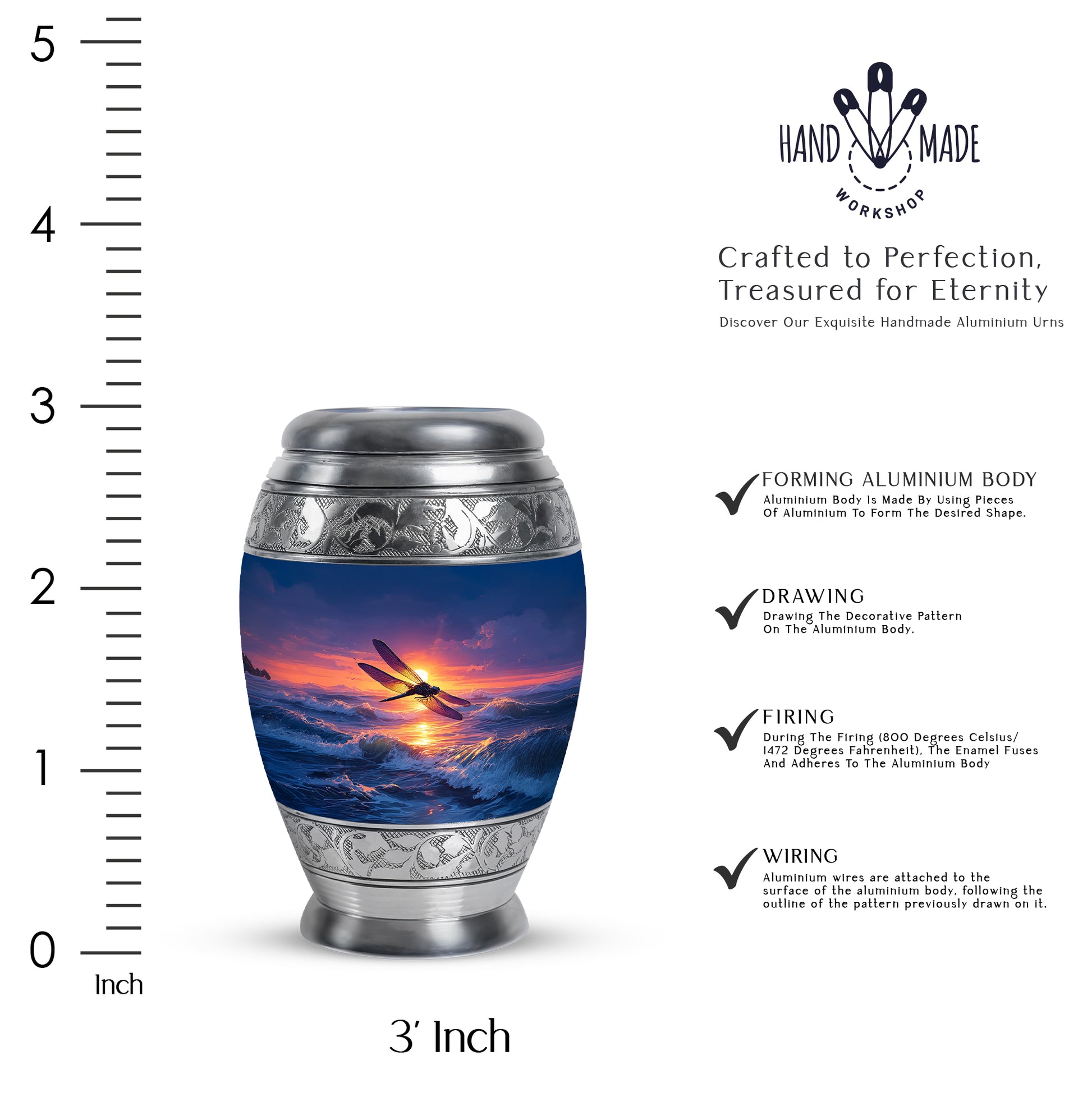 Bright Blue Dragonfly Cremation Urn lifestyle display on memorial shelf - majestic dragonfly pattern with filigree border - mini keepsake memorial for portion of cremation ashes