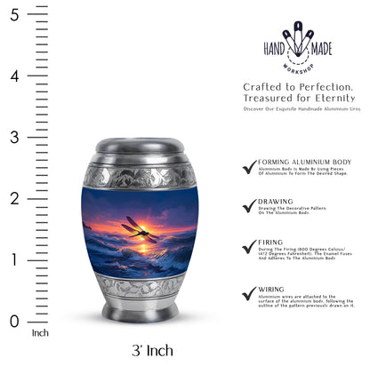 Bright Blue Dragonfly Cremation Urn lifestyle display on memorial shelf - majestic dragonfly pattern with filigree border - mini keepsake memorial for portion of cremation ashes