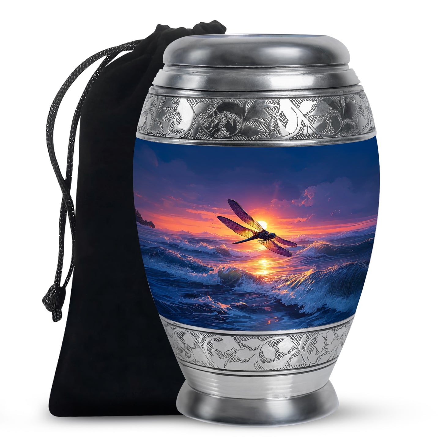 Powder Blue Dragonfly Cremation Urn back view with polished surface - ornate monarch-style dragonfly relief on brushed aluminum - full-size 10 inch 200 cubic inch adult cremation urn