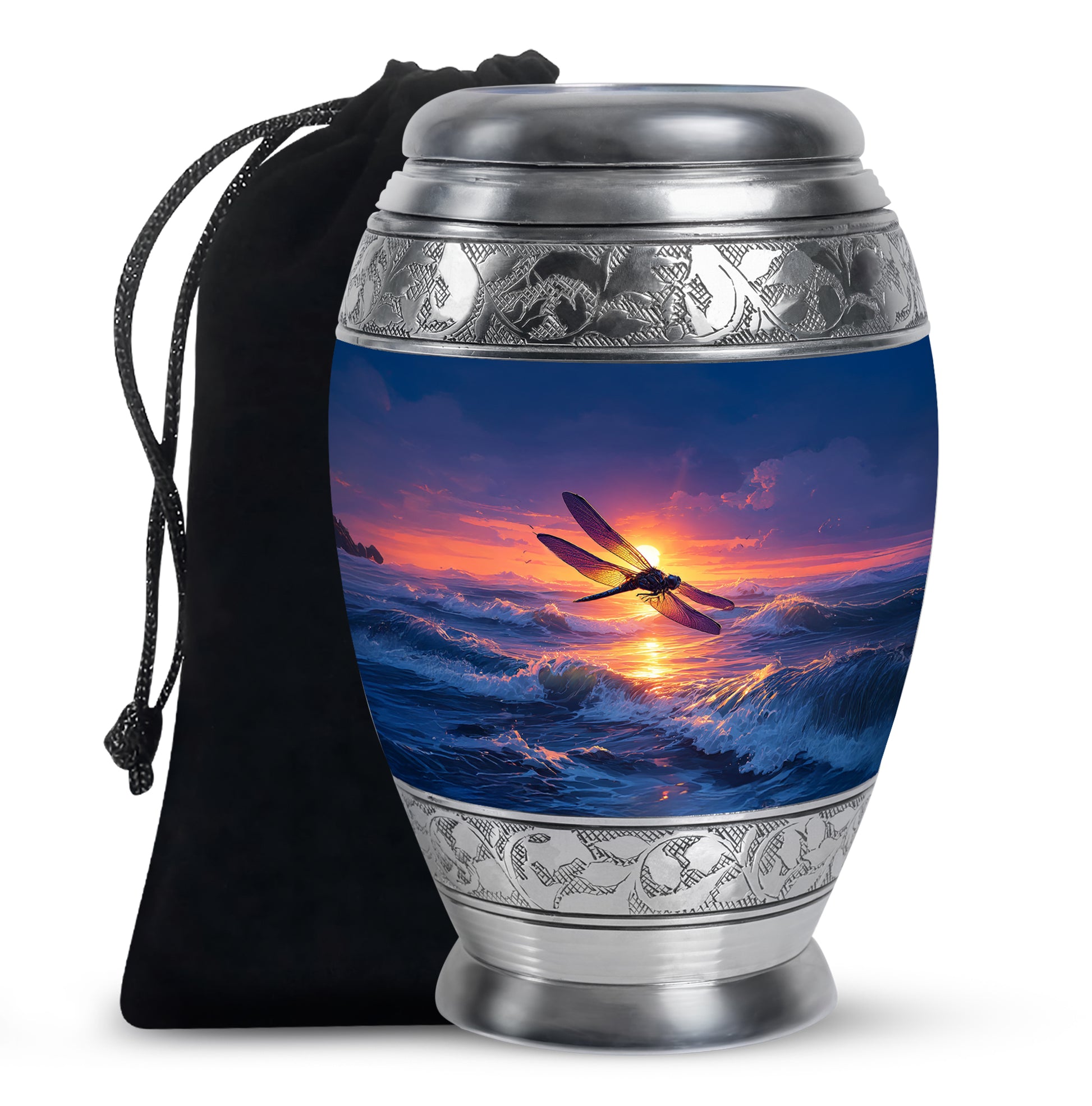 Powder Blue Dragonfly Cremation Urn back view with polished surface - ornate monarch-style dragonfly relief on brushed aluminum - full-size 10 inch 200 cubic inch adult cremation urn