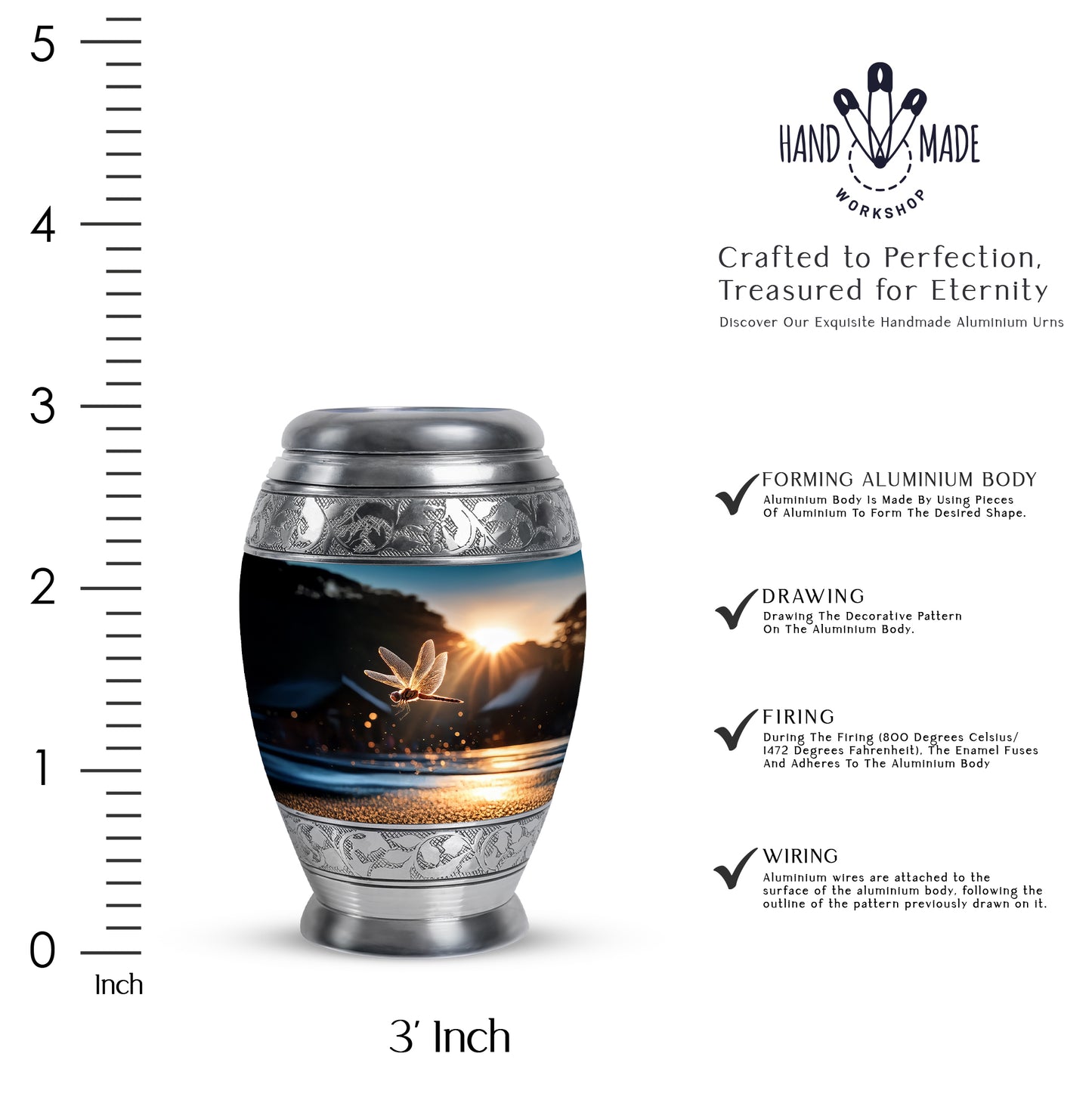 Dark Black Dragonfly Cremation Urn lifestyle display on memorial shelf - royal dragonfly engraving with decorative scrollwork - mini keepsake memorial for portion of cremation ashes