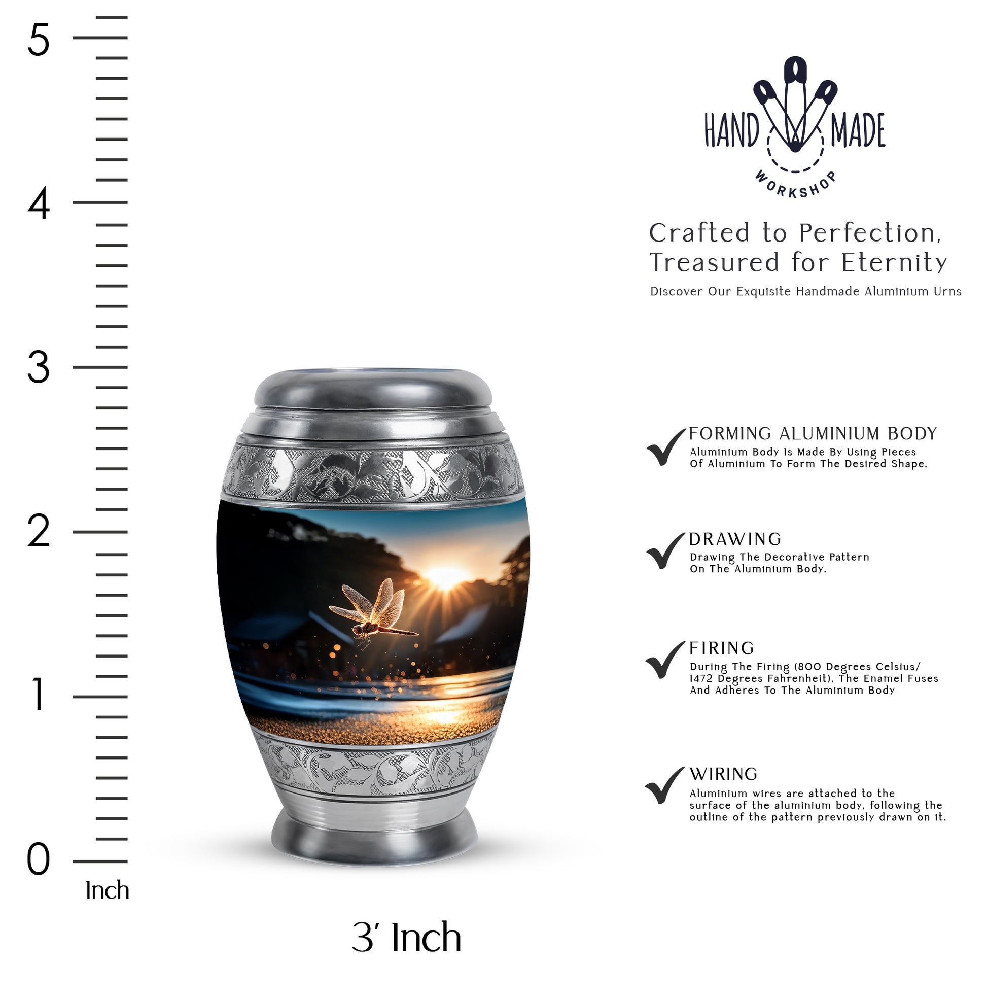Dark Black Dragonfly Cremation Urn lifestyle display on memorial shelf - royal dragonfly engraving with decorative scrollwork - mini keepsake memorial for portion of cremation ashes
