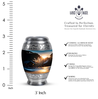 Dark Black Dragonfly Cremation Urn lifestyle display on memorial shelf - royal dragonfly engraving with decorative scrollwork - mini keepsake memorial for portion of cremation ashes