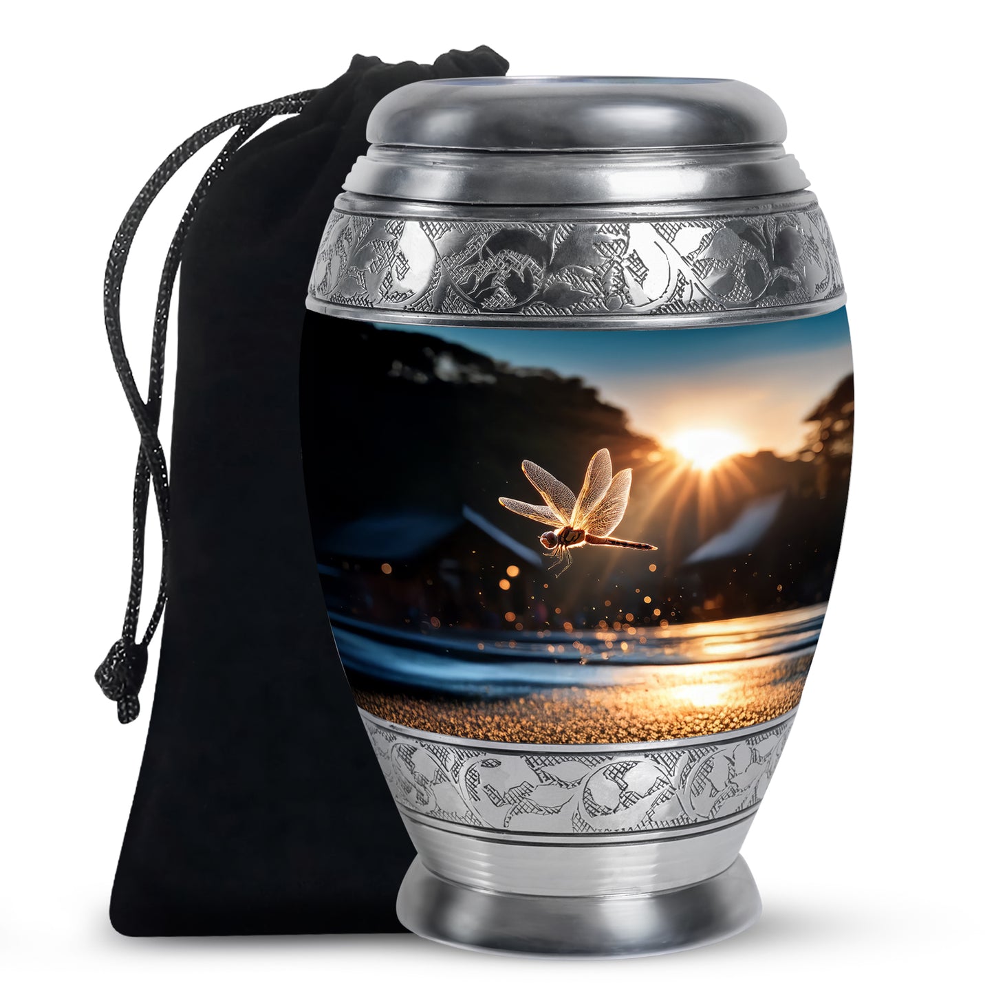 Jet Black Dragonfly Cremation Urn back view with polished surface - ornate monarch-style dragonfly relief on brushed aluminum - full-size 10 inch 200 cubic inch adult cremation urn