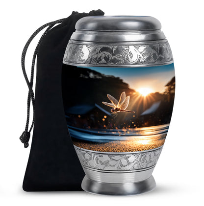 Jet Black Dragonfly Cremation Urn back view with polished surface - ornate monarch-style dragonfly relief on brushed aluminum - full-size 10 inch 200 cubic inch adult cremation urn