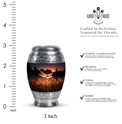 Coral Pink Dragonfly Cremation Urn lifestyle display on memorial shelf - regal dragonfly design with crown-inspired accents - mini keepsake memorial for portion of cremation ashes