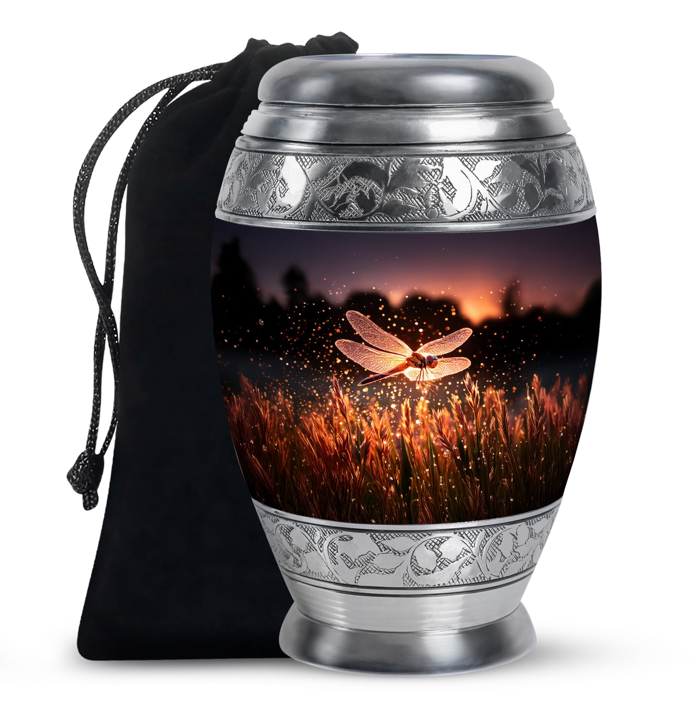 Soft Pink Dragonfly Cremation Urn back view with polished surface - majestic dragonfly pattern with filigree border - full-size 10 inch 200 cubic inch adult cremation urn