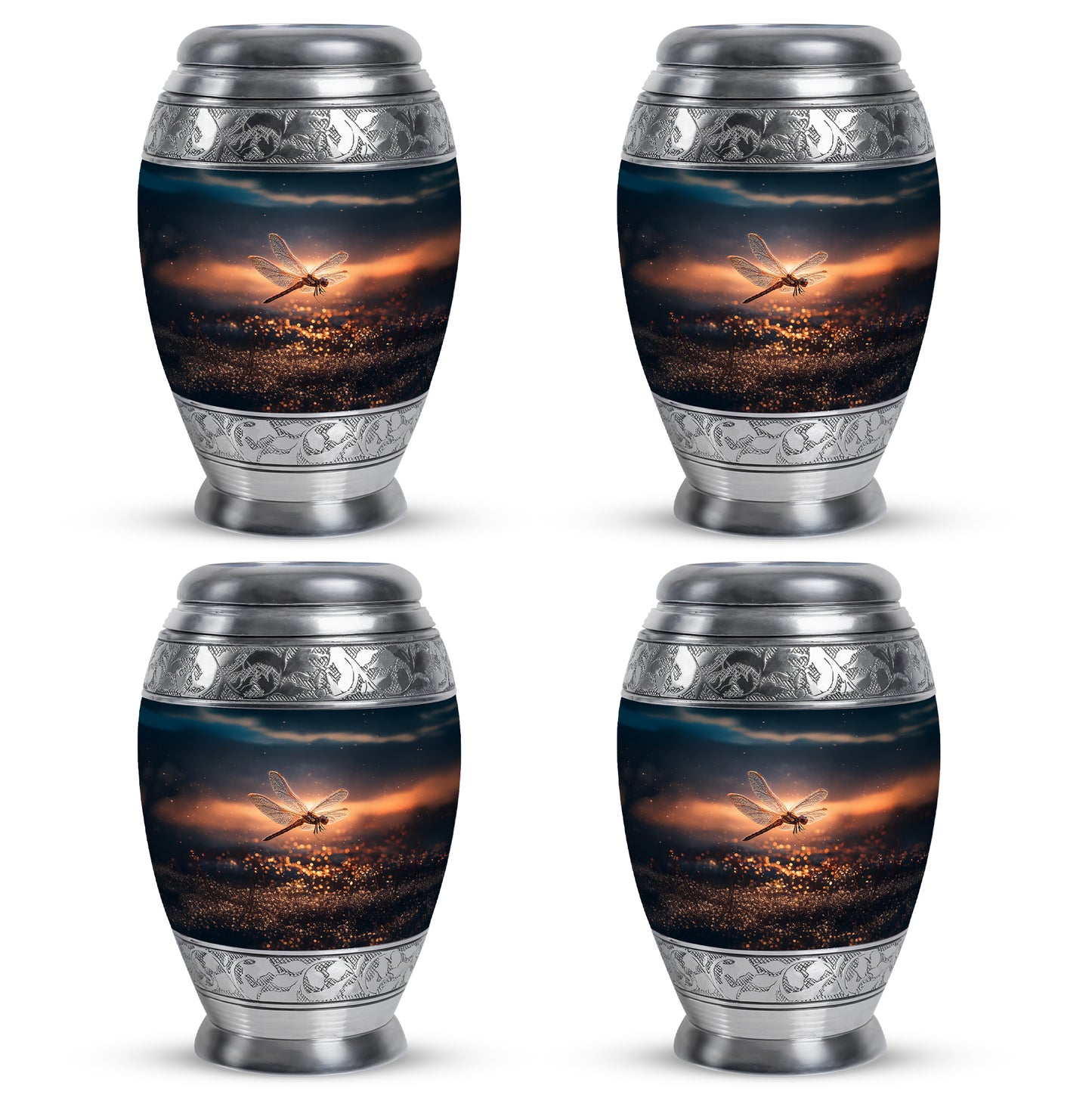 Slate Blue Dragonfly Cremation Urn urn with complimentary velvet bag - ornate monarch-style dragonfly relief on brushed aluminum - 10 inch aluminum urn for cremated remains