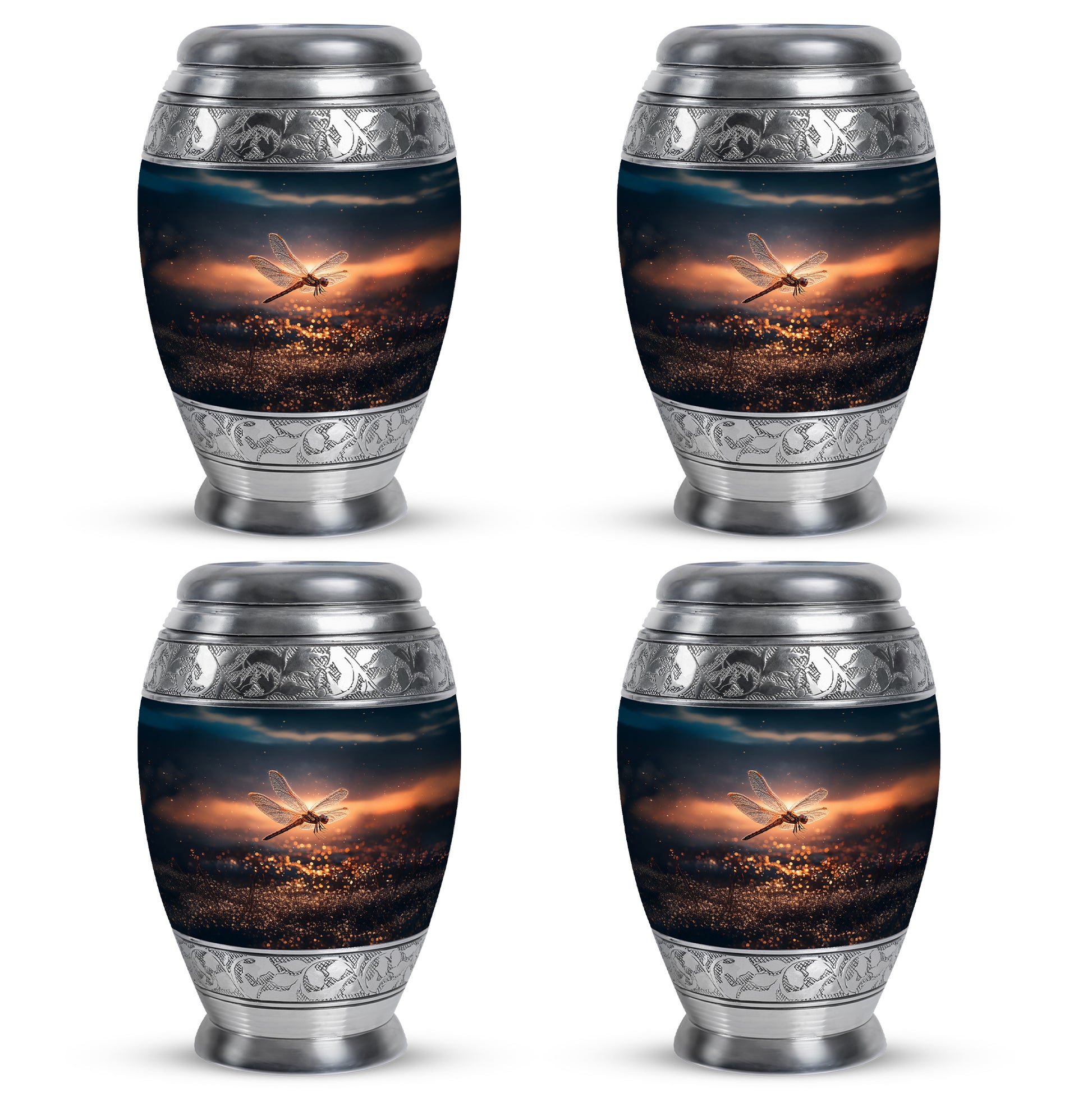 Slate Blue Dragonfly Cremation Urn urn with complimentary velvet bag - ornate monarch-style dragonfly relief on brushed aluminum - 10 inch aluminum urn for cremated remains