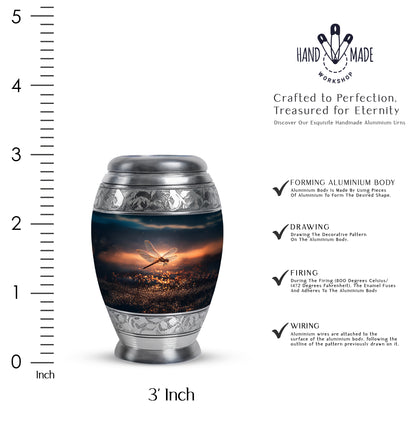 Steel Blue Dragonfly Cremation Urn lifestyle display on memorial shelf - majestic dragonfly pattern with filigree border - mini keepsake memorial for portion of cremation ashes
