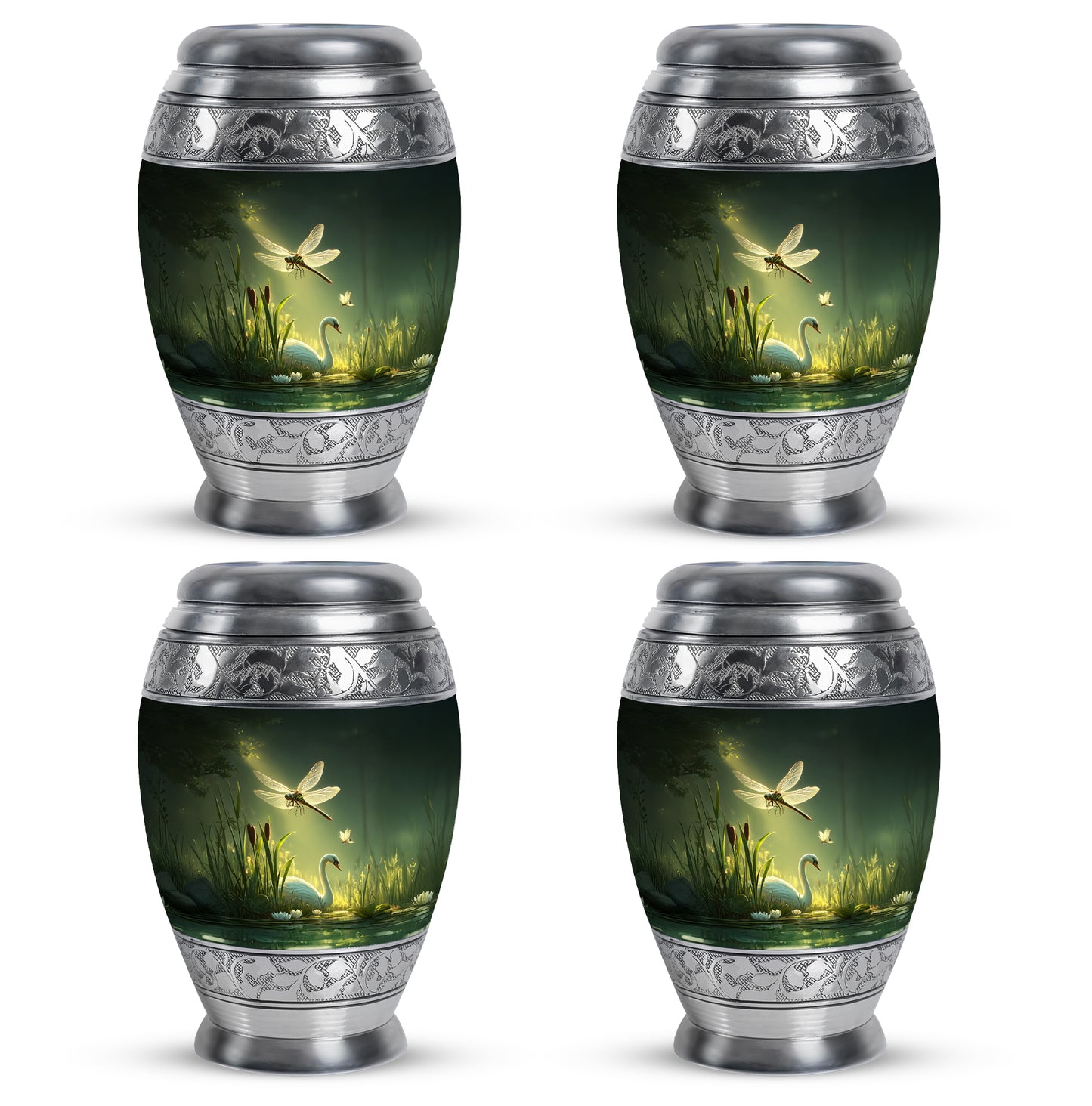 Emerald Green Dragonfly Cremation Urn urn with complimentary velvet bag - ornate monarch-style dragonfly relief on brushed aluminum - 10 inch aluminum urn for cremated remains