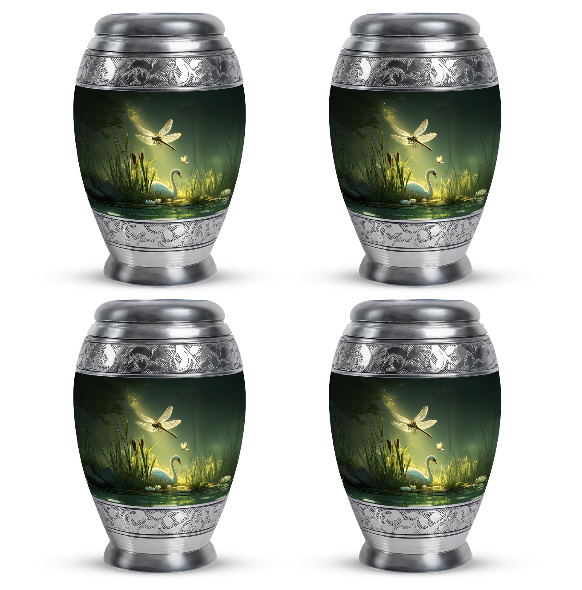 Emerald Green Dragonfly Cremation Urn urn with complimentary velvet bag - ornate monarch-style dragonfly relief on brushed aluminum - 10 inch aluminum urn for cremated remains