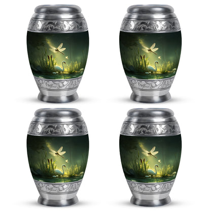 Emerald Green Dragonfly Cremation Urn urn with complimentary velvet bag - ornate monarch-style dragonfly relief on brushed aluminum - 10 inch aluminum urn for cremated remains