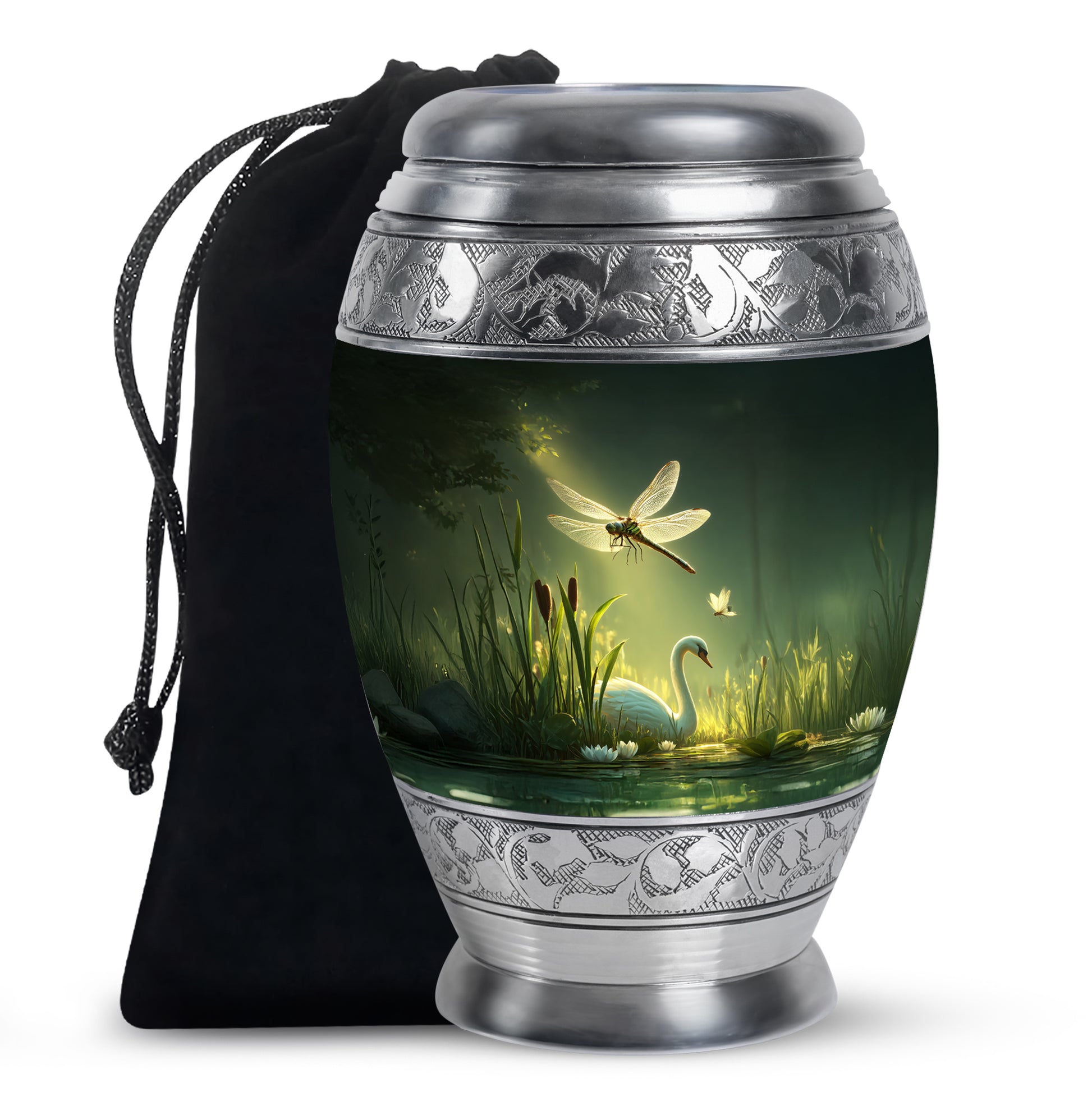 Olive Green Dragonfly Cremation Urn back view with polished surface - royal dragonfly engraving with decorative scrollwork - full-size 10 inch 200 cubic inch adult cremation urn